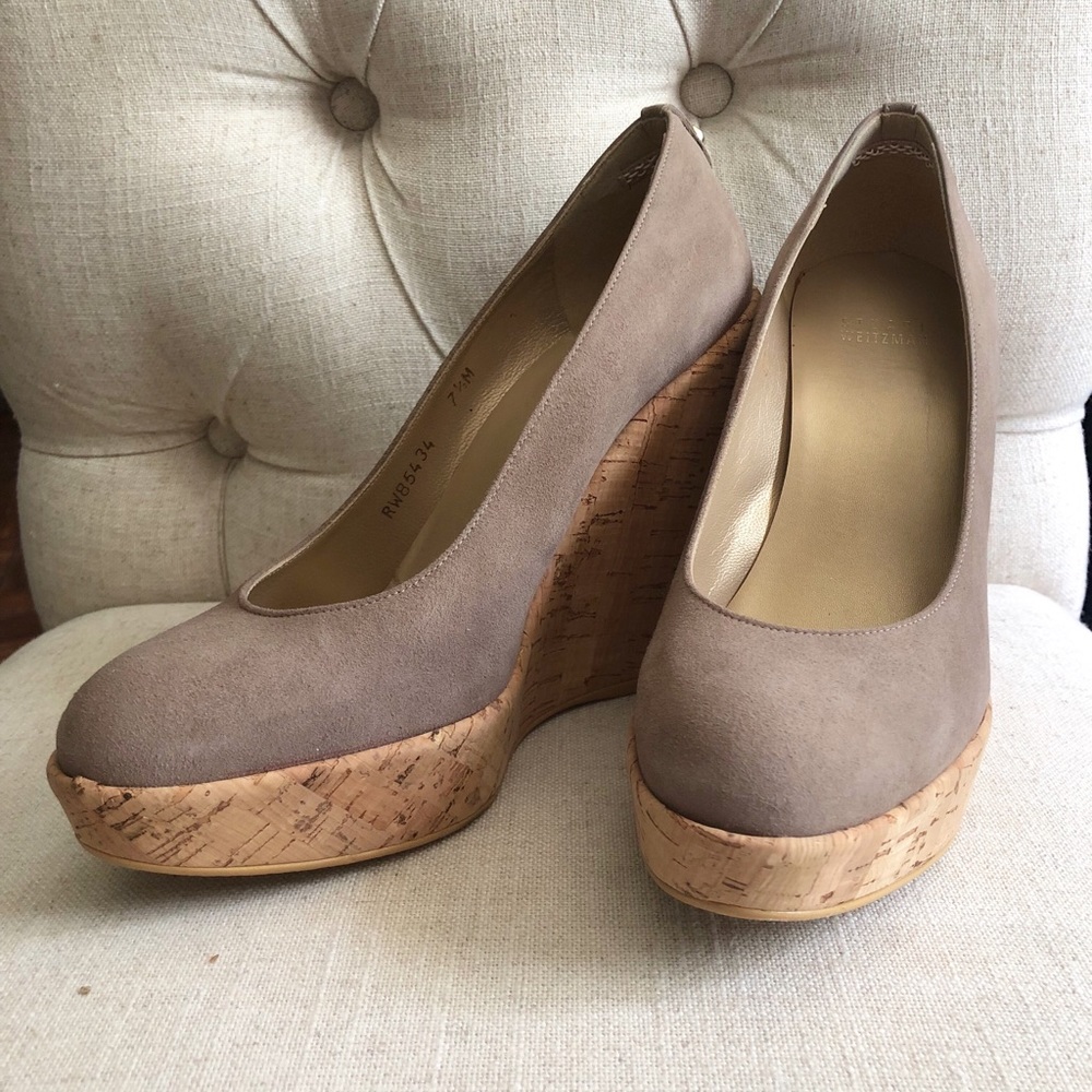 Stuart Weitzman Taupe Suede Cork Platform Wedges